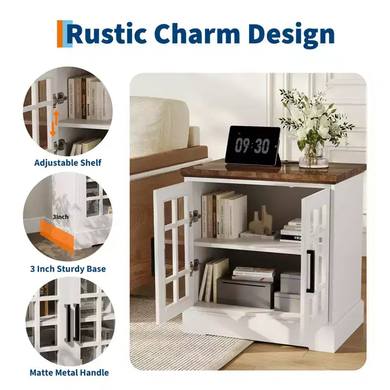 Comodino da Fattoria Grande 24" con Stazione di Ricarica - 2 prese CA e 2 USB, Tavolini da Salotto con Contenitore e Ripiano Regolabile, Tavolino Laterale Bianco