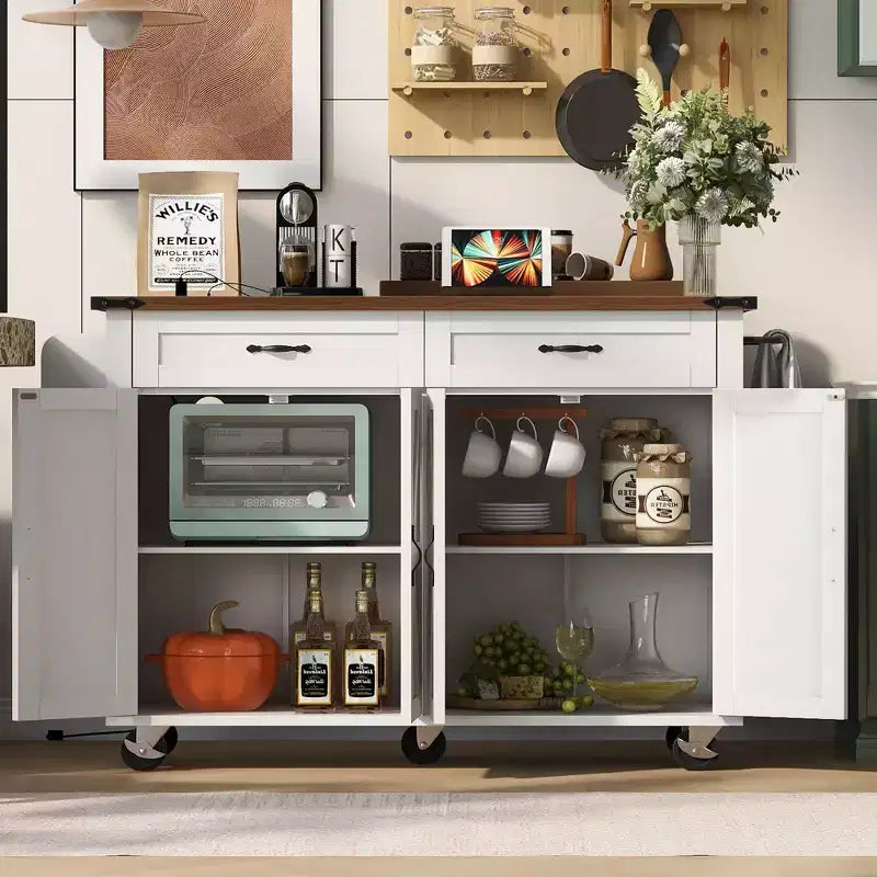 Okak Isola Cucina con Presa Elettrica e Ribalta, Tavolo Isola Cucina con Portaspezie, Ante e Cassetti, Isola Cucina con Ruote per la Casa