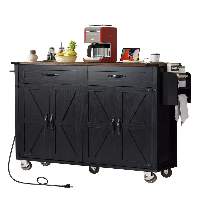 Okak Isola Cucina con Presa Elettrica e Ribalta, Tavolo Isola Cucina con Portaspezie, Ante e Cassetti, Isola Cucina con Ruote per la Casa