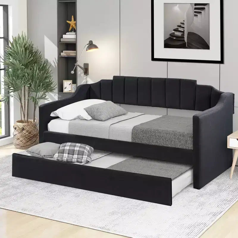 Upholstered Trundle Daybed Twin Size Daybed Sofa Frame with Twin Roll-Out Trundle for Bedroom, Black
