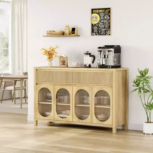 4 Glass Doors Large Sideboard Buffet Cabinet with Storag, Buffet Table Coffee Bar Storage Cabinet