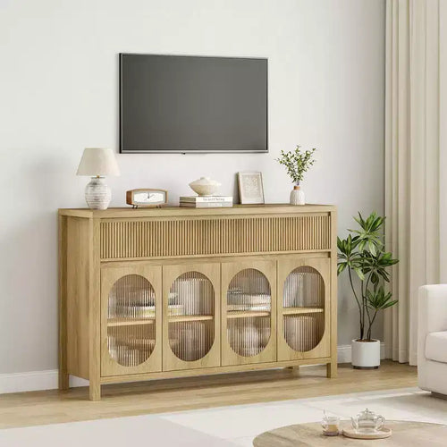 Buffet de salle à manger avec 4 portes vitrées et grand espace de rangement, Console de buffet avec meuble de rangement pour bar à café