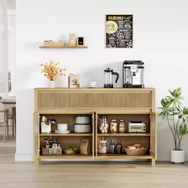 Credenza grande con 4 ante in vetro, mobile buffet con vano contenitore, tavolino da buffet per angolo caffè