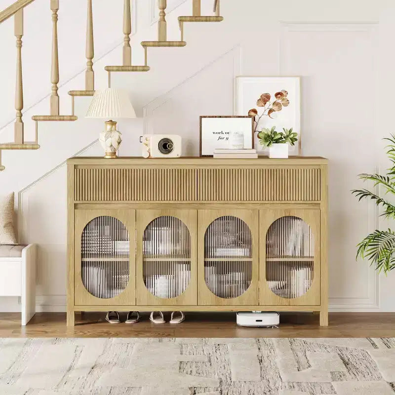 Credenza grande con 4 ante in vetro, mobile buffet con vano contenitore, tavolino da buffet per angolo caffè