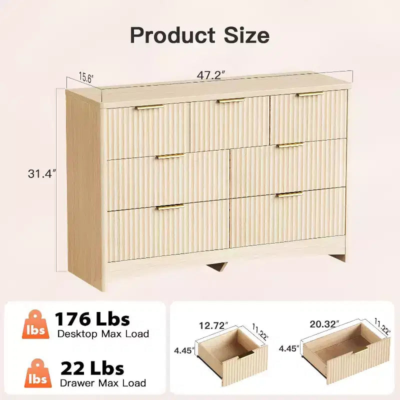 Cassettiera a 7 cassetti, cassettiera moderna in legno, cassettiere con design a bordo arrotondato, supporto TV con cassettiera, organizer in legno per camera da letto, soggiorno