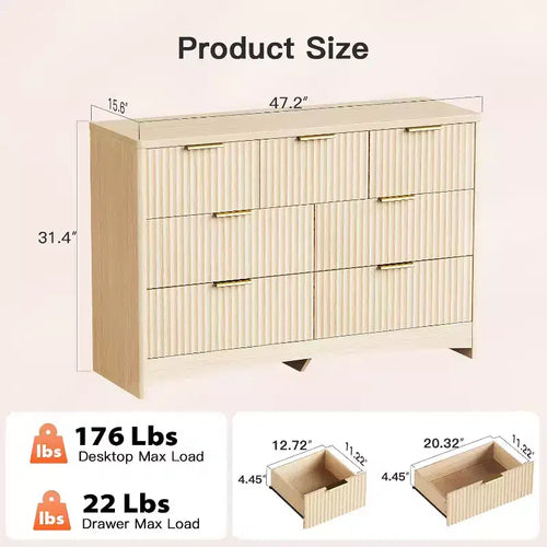 Cassettiera a 7 cassetti, cassettiera moderna in legno, cassettiere con design a bordo arrotondato, supporto TV con cassettiera, organizer in legno per camera da letto, soggiorno