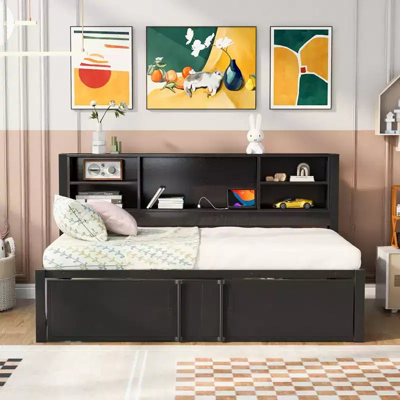 Letto a giorno in metallo singolo con testiera libreria, letto a giorno con letto estraibile e porte USB, letto a giorno Captain's con ripiani portaoggetti