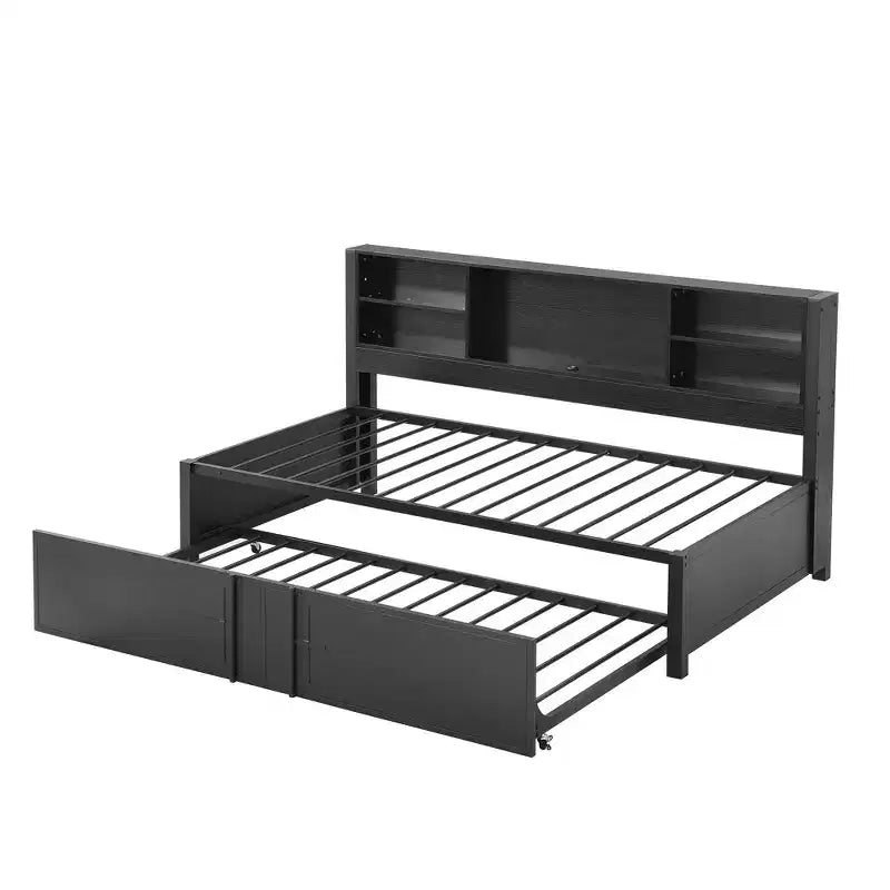 Letto a giorno in metallo singolo con testiera libreria, letto a giorno con letto estraibile e porte USB, letto a giorno Captain's con ripiani portaoggetti