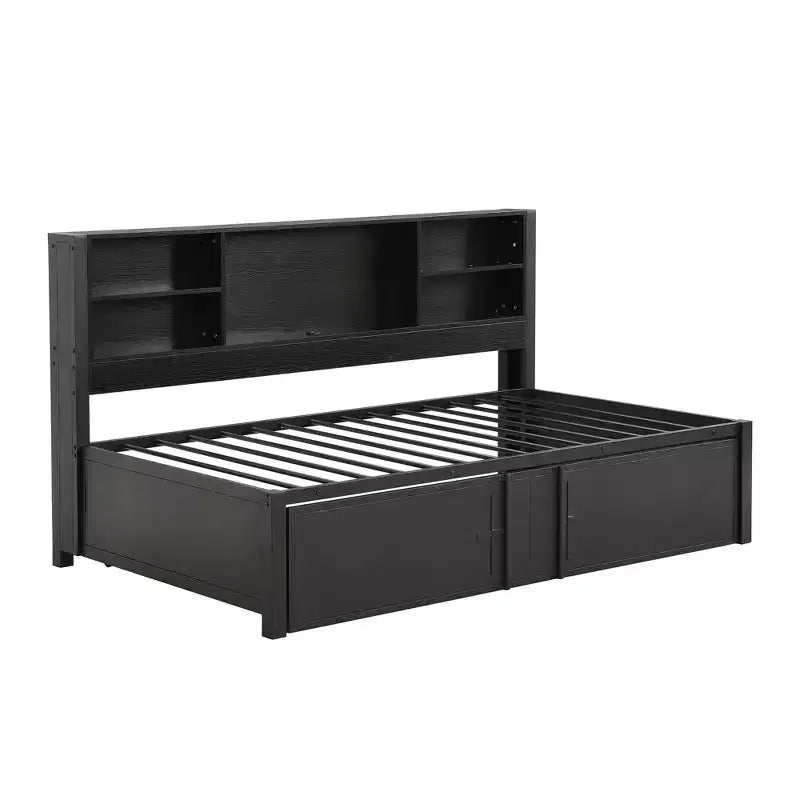 Letto a giorno in metallo singolo con testiera libreria, letto a giorno con letto estraibile e porte USB, letto a giorno Captain's con ripiani portaoggetti
