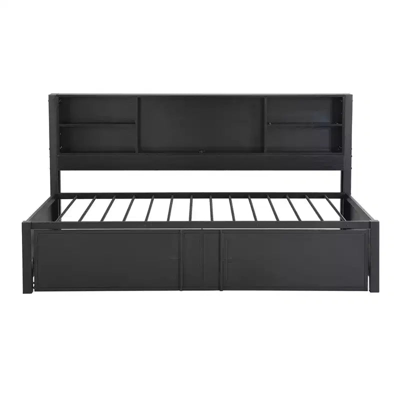 Letto a giorno in metallo singolo con testiera libreria, letto a giorno con letto estraibile e porte USB, letto a giorno Captain's con ripiani portaoggetti