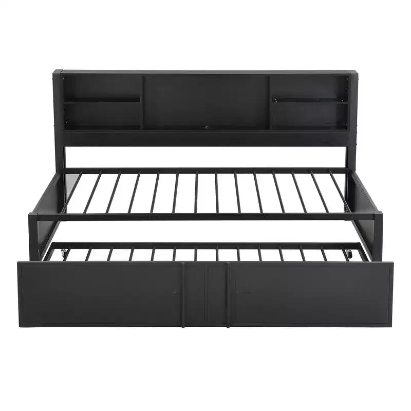 Letto a giorno in metallo singolo con testiera libreria, letto a giorno con letto estraibile e porte USB, letto a giorno Captain's con ripiani portaoggetti