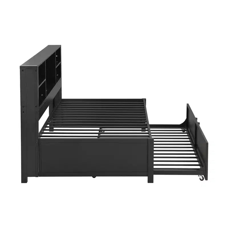 Letto a giorno in metallo singolo con testiera libreria, letto a giorno con letto estraibile e porte USB, letto a giorno Captain's con ripiani portaoggetti