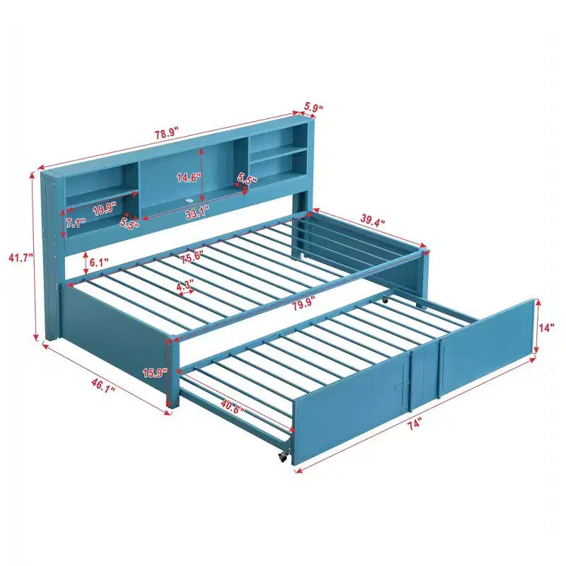 Letto a giorno in metallo singolo con testiera libreria, letto a giorno con letto estraibile e porte USB, letto a giorno Captain's con ripiani portaoggetti