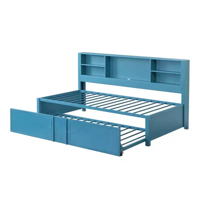 Letto a giorno in metallo singolo con testiera libreria, letto a giorno con letto estraibile e porte USB, letto a giorno Captain's con ripiani portaoggetti