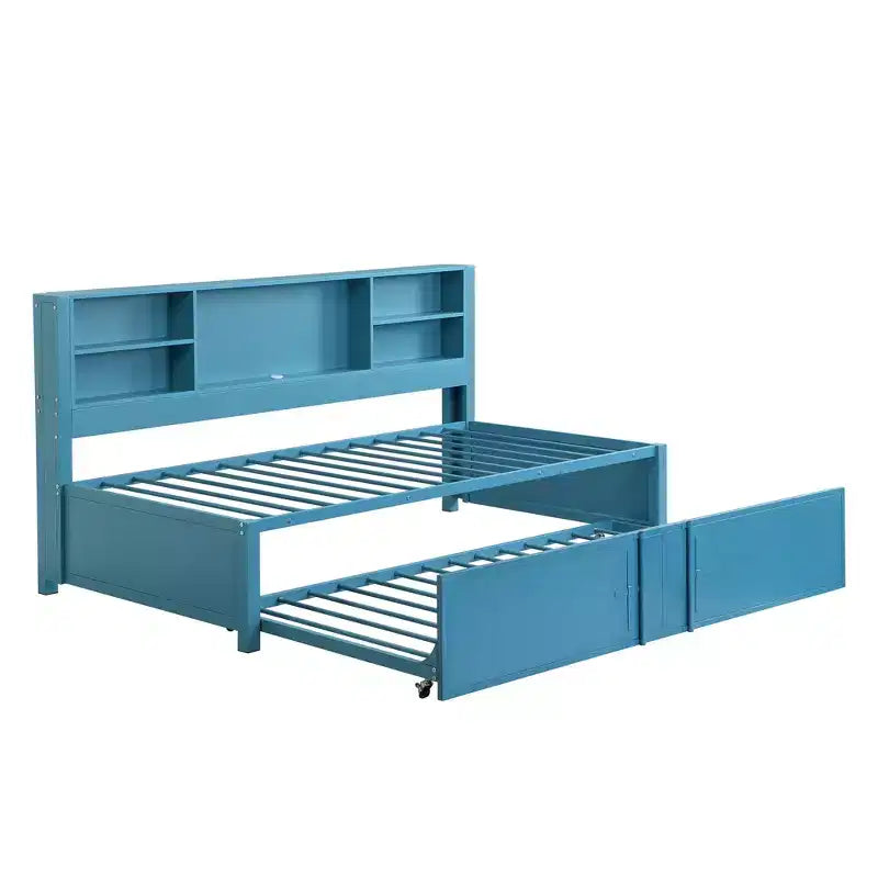 Letto a giorno in metallo singolo con testiera libreria, letto a giorno con letto estraibile e porte USB, letto a giorno Captain's con ripiani portaoggetti