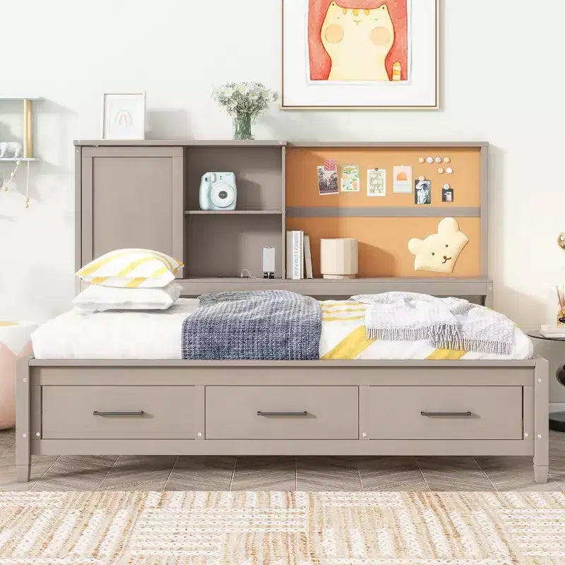 Letto a giorno in metallo singolo con testiera libreria, letto a giorno con letto estraibile e porte USB, letto a giorno Captain's con ripiani portaoggetti