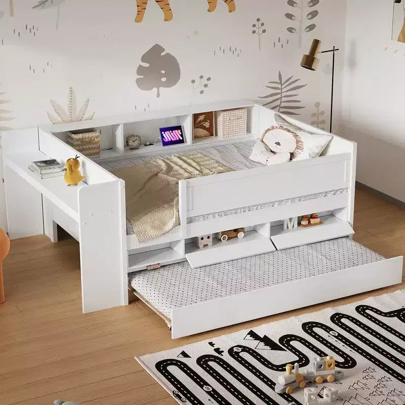 Letto a giorno in metallo singolo con testiera libreria, letto a giorno con letto estraibile e porte USB, letto a giorno Captain's con ripiani portaoggetti