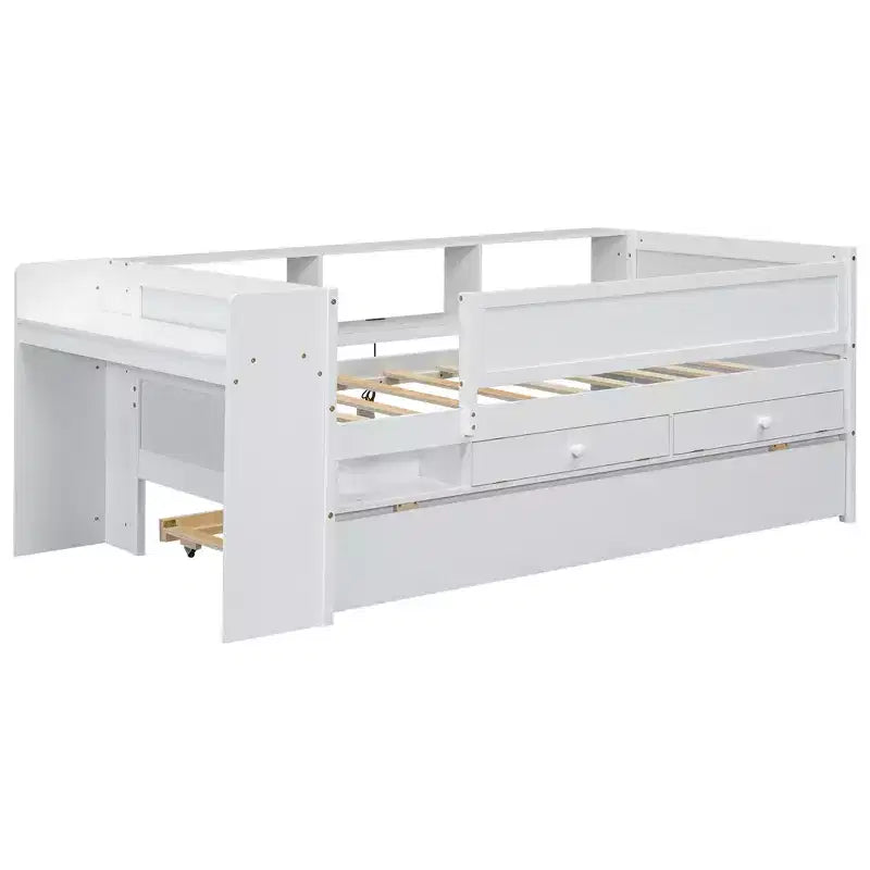 Letto a giorno in metallo singolo con testiera libreria, letto a giorno con letto estraibile e porte USB, letto a giorno Captain's con ripiani portaoggetti