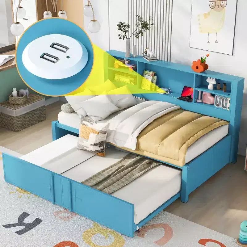 Letto a giorno in metallo singolo con testiera libreria, letto a giorno con letto estraibile e porte USB, letto a giorno Captain's con ripiani portaoggetti