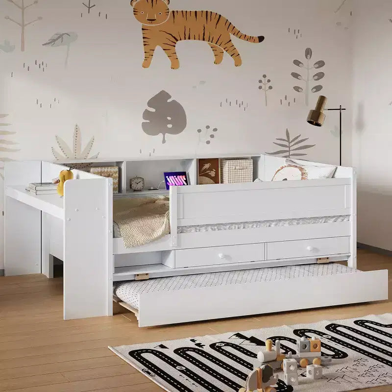 Letto a giorno in metallo singolo con testiera libreria, letto a giorno con letto estraibile e porte USB, letto a giorno Captain's con ripiani portaoggetti