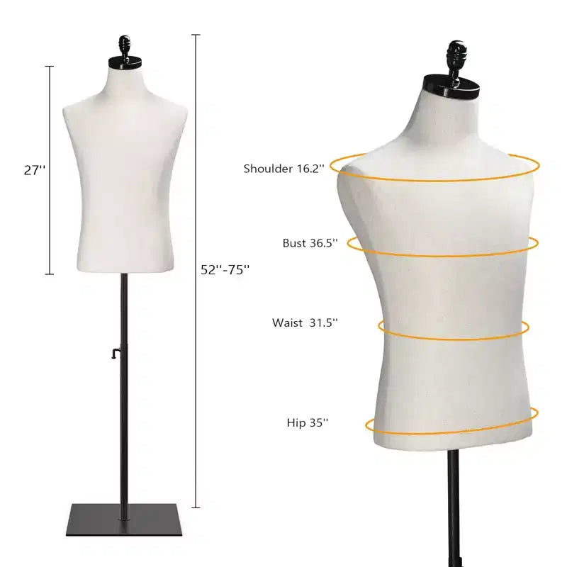Manichino Torso Uomo VINGLI con Supporto in Legno/Metallo, Busto Maschile Regolabile in Altezza per Esposizione Abbigliamento e Sartoria (Base in Metallo)