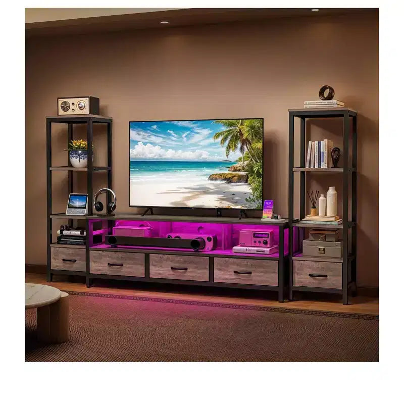 Supporti per TV LED per televisori da 65 pollici, mobile TV con librerie a 4 ripiani e prese di corrente, mobiletto console TV per soggiorno