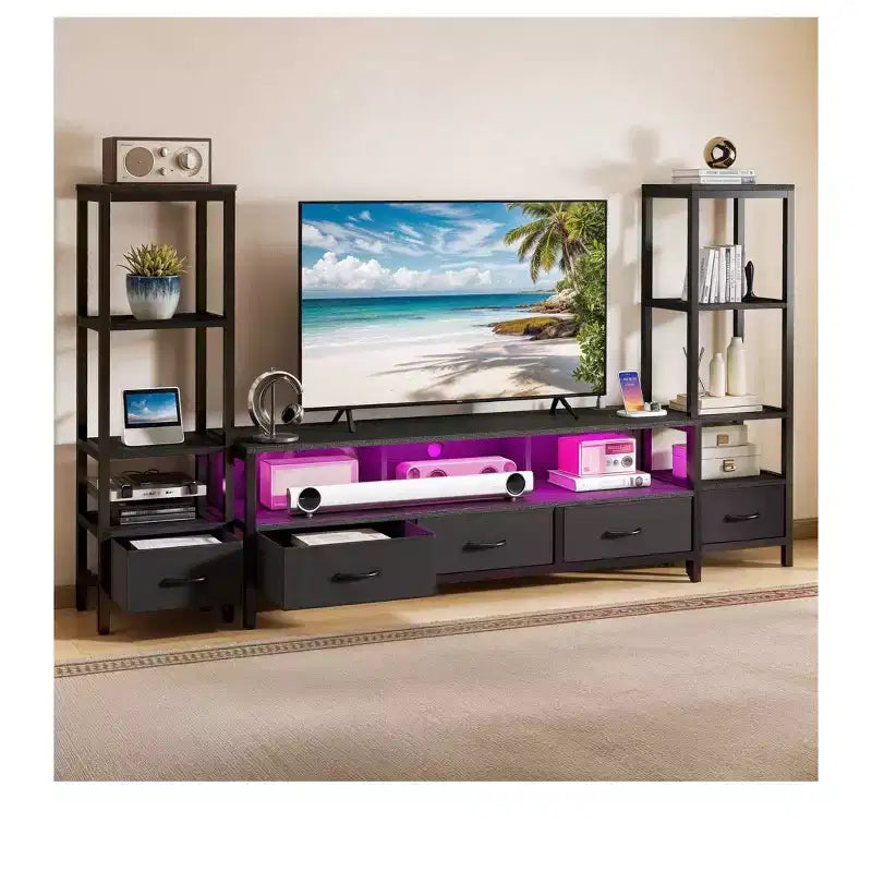 Supporti per TV LED per televisori da 65 pollici, mobile TV con librerie a 4 ripiani e prese di corrente, mobiletto console TV per soggiorno