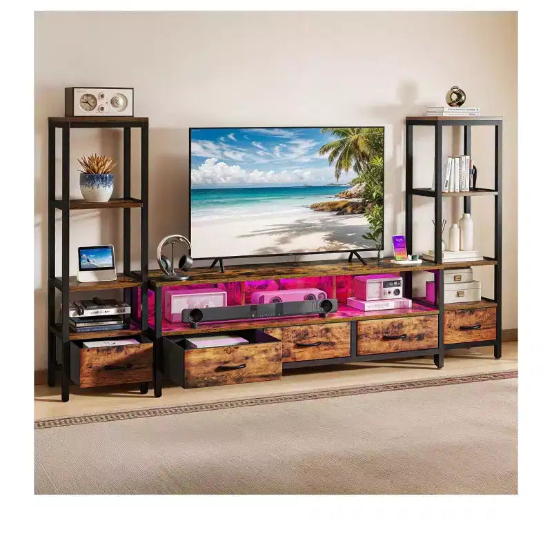 Supporti per TV LED per televisori da 65 pollici, mobile TV con librerie a 4 ripiani e prese di corrente, mobiletto console TV per soggiorno