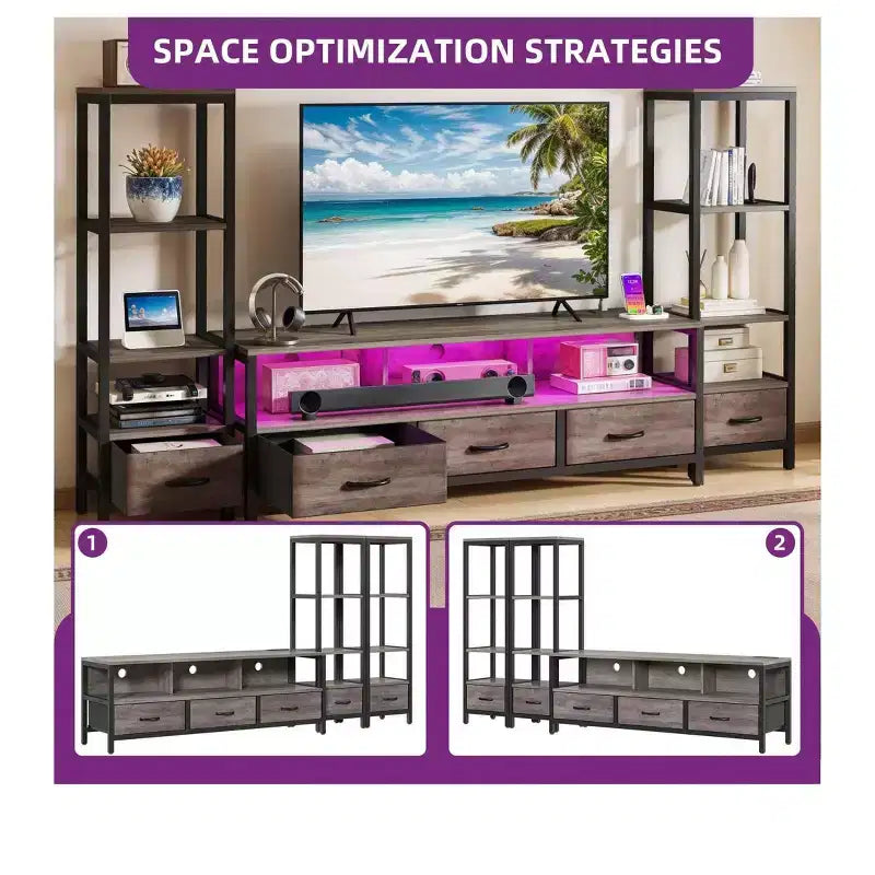 Supporti per TV LED per televisori da 65 pollici, mobile TV con librerie a 4 ripiani e prese di corrente, mobiletto console TV per soggiorno