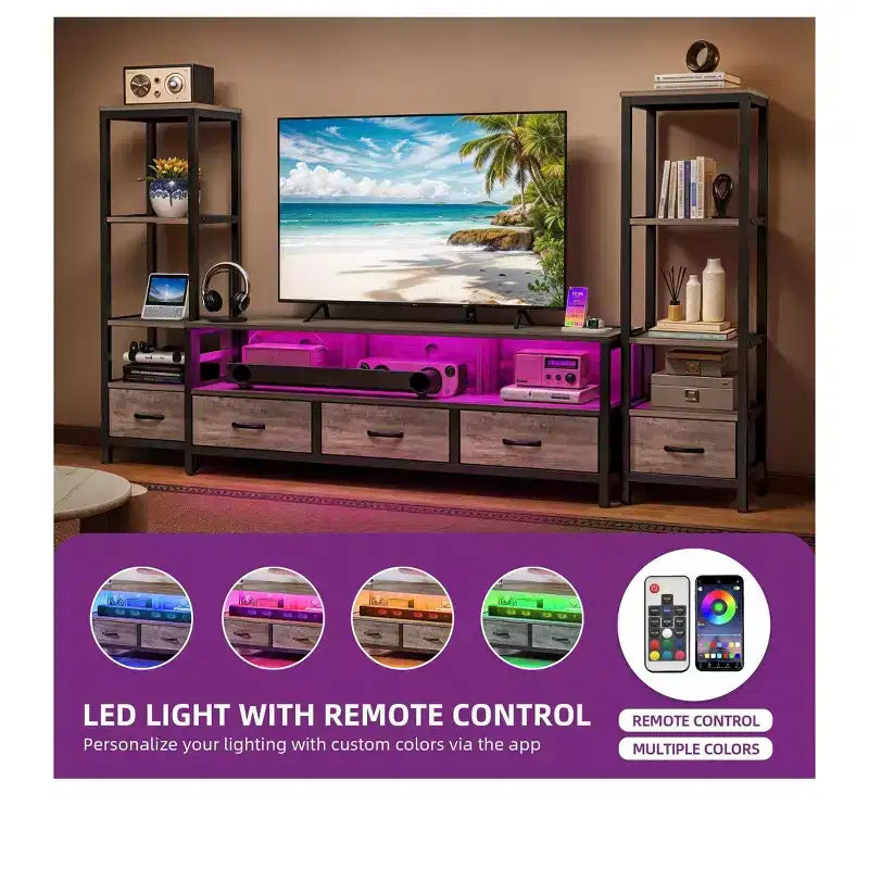 Supporti per TV LED per televisori da 65 pollici, mobile TV con librerie a 4 ripiani e prese di corrente, mobiletto console TV per soggiorno