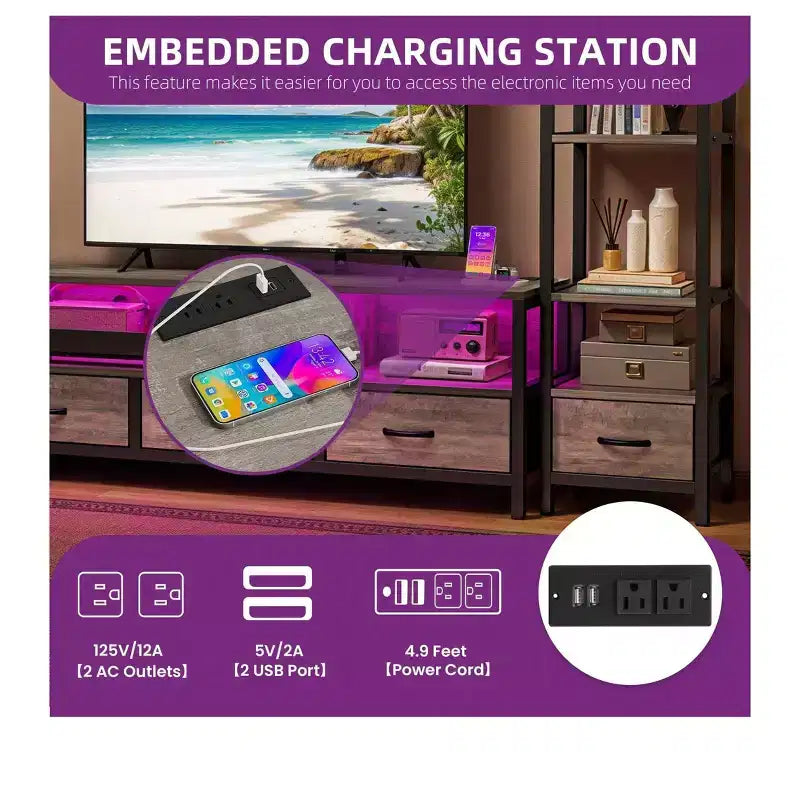 Supporti per TV LED per televisori da 65 pollici, mobile TV con librerie a 4 ripiani e prese di corrente, mobiletto console TV per soggiorno