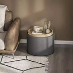 Pouf/Tavolino rotondo contenitore con vassoio ribaltabile, poggiapiedi rivestito in tessuto di lino con scomparto segreto
