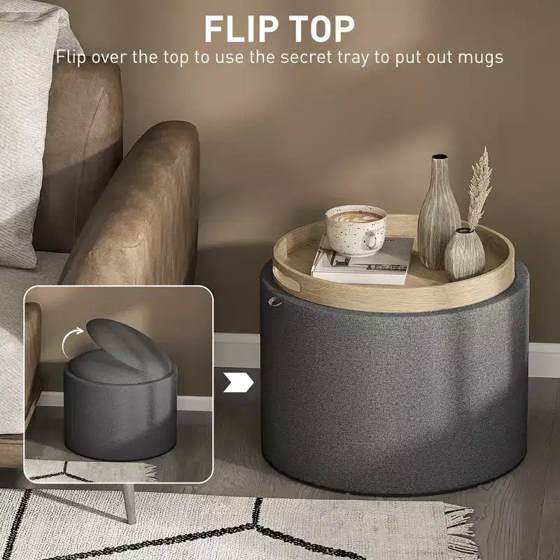 Pouf/Tavolino rotondo contenitore con vassoio ribaltabile, poggiapiedi rivestito in tessuto di lino con scomparto segreto