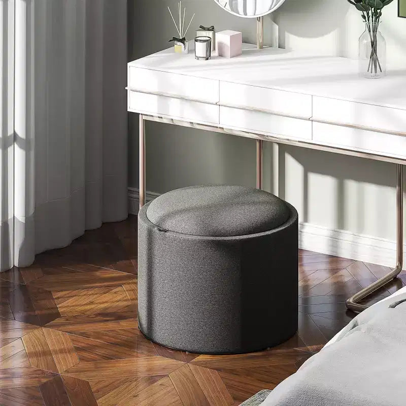 Pouf/Tavolino rotondo contenitore con vassoio ribaltabile, poggiapiedi rivestito in tessuto di lino con scomparto segreto