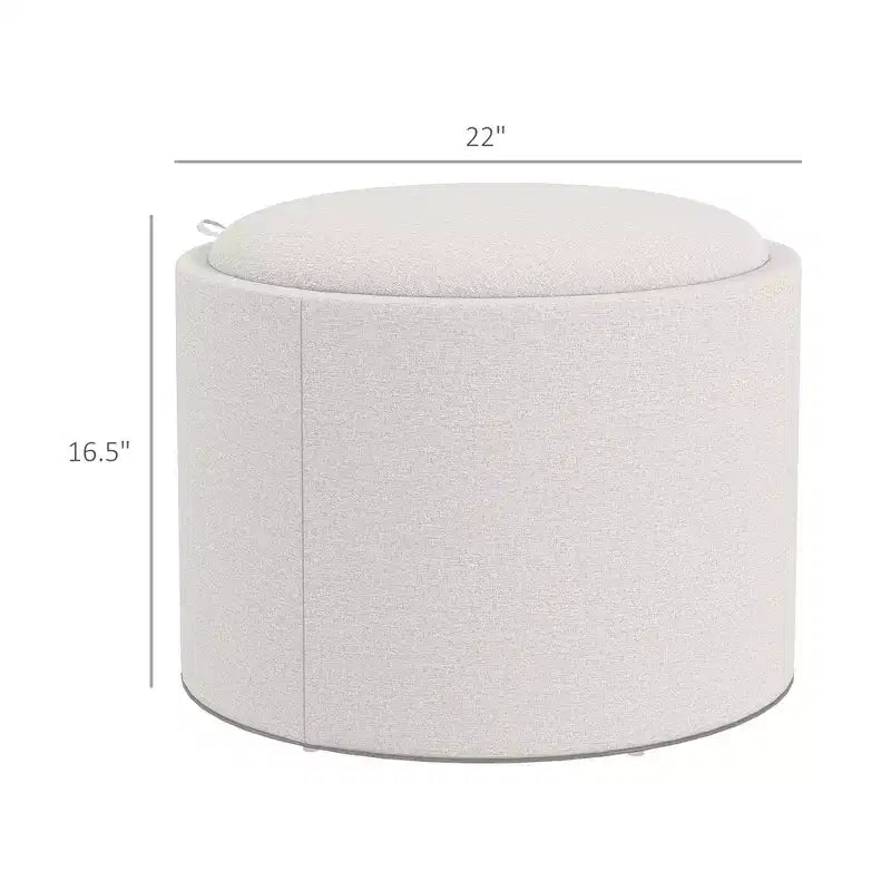 Pouf/Tavolino rotondo contenitore con vassoio ribaltabile, poggiapiedi rivestito in tessuto di lino con scomparto segreto