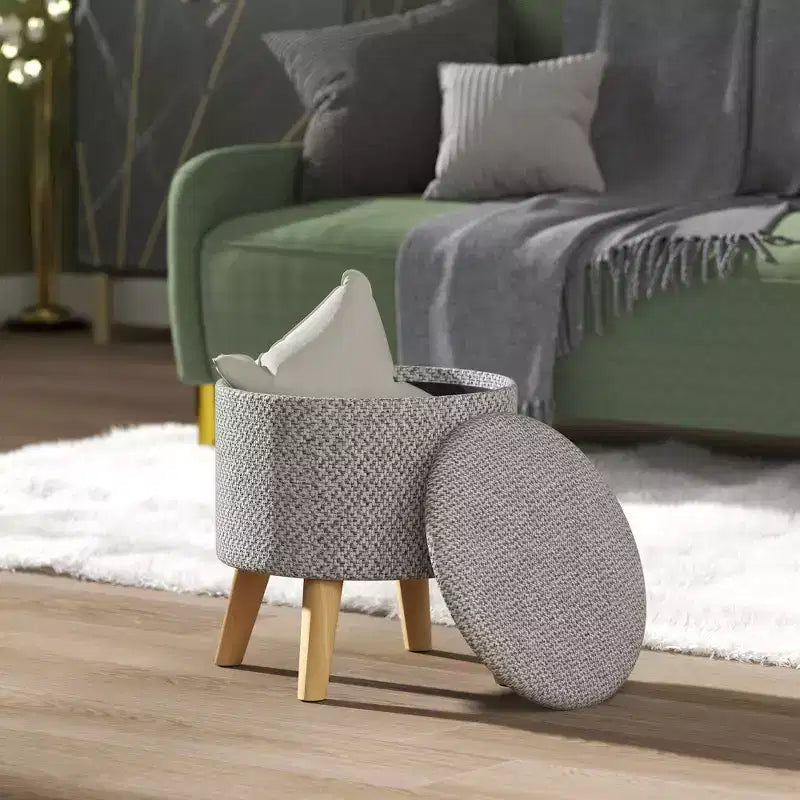 Pouf Ottomano Rotondo con Contenitore, Poggiapiedi Imbottito in Lino con Seduta Imbottita, Spazio Nascosto e Gambe in Legno