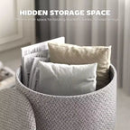 Pouf Ottomano Rotondo con Contenitore, Poggiapiedi Imbottito in Lino con Seduta Imbottita, Spazio Nascosto e Gambe in Legno