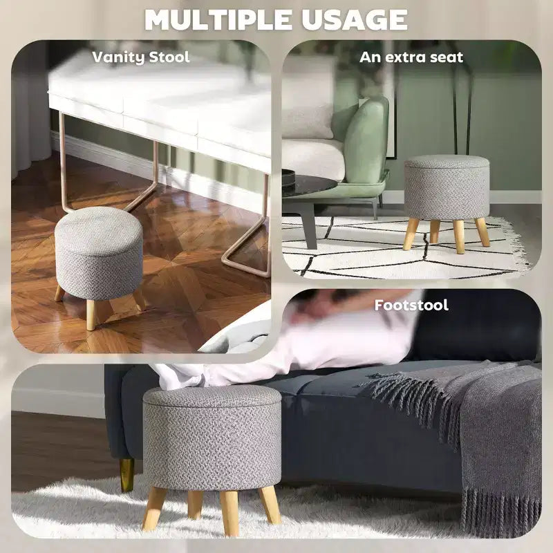 Pouf Ottomano Rotondo con Contenitore, Poggiapiedi Imbottito in Lino con Seduta Imbottita, Spazio Nascosto e Gambe in Legno