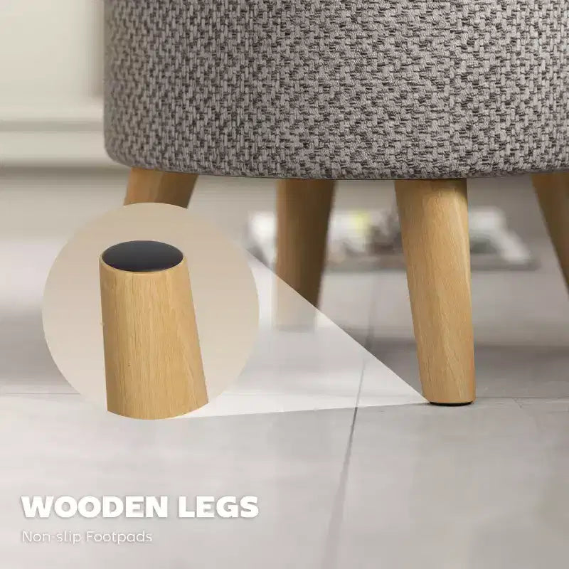 Pouf Ottomano Rotondo con Contenitore, Poggiapiedi Imbottito in Lino con Seduta Imbottita, Spazio Nascosto e Gambe in Legno