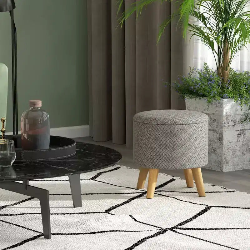 Pouf Ottomano Rotondo con Contenitore, Poggiapiedi Imbottito in Lino con Seduta Imbottita, Spazio Nascosto e Gambe in Legno