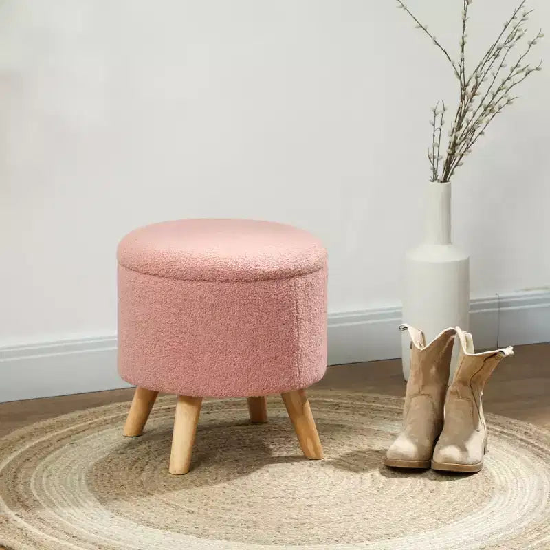 Pouf Ottomano Rotondo con Contenitore, Poggiapiedi Imbottito in Lino con Seduta Imbottita, Spazio Nascosto e Gambe in Legno