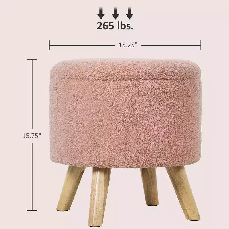 Pouf Ottomano Rotondo con Contenitore, Poggiapiedi Imbottito in Lino con Seduta Imbottita, Spazio Nascosto e Gambe in Legno