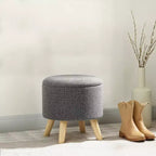 Pouf Ottomano Rotondo con Contenitore, Poggiapiedi Imbottito in Lino con Seduta Imbottita, Spazio Nascosto e Gambe in Legno