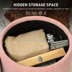 Pouf Ottomano Rotondo con Contenitore, Poggiapiedi Imbottito in Lino con Seduta Imbottita, Spazio Nascosto e Gambe in Legno