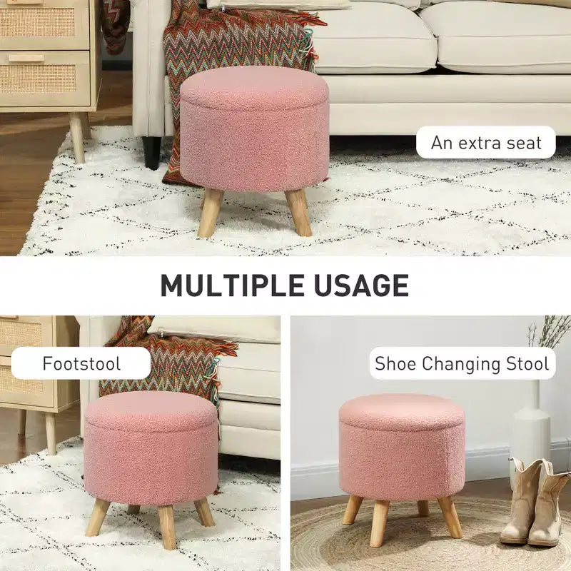 Pouf Ottomano Rotondo con Contenitore, Poggiapiedi Imbottito in Lino con Seduta Imbottita, Spazio Nascosto e Gambe in Legno