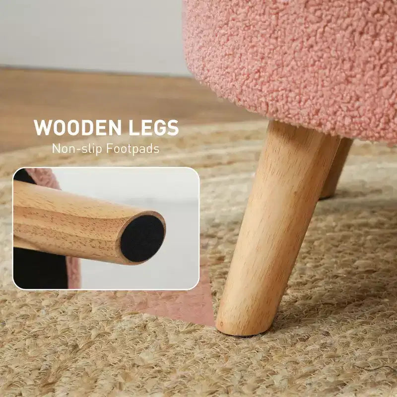 Pouf Ottomano Rotondo con Contenitore, Poggiapiedi Imbottito in Lino con Seduta Imbottita, Spazio Nascosto e Gambe in Legno