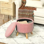 Pouf Ottomano Rotondo con Contenitore, Poggiapiedi Imbottito in Lino con Seduta Imbottita, Spazio Nascosto e Gambe in Legno