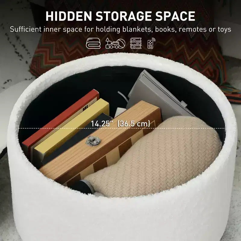 Pouf Ottomano Rotondo con Contenitore, Poggiapiedi Imbottito in Lino con Seduta Imbottita, Spazio Nascosto e Gambe in Legno