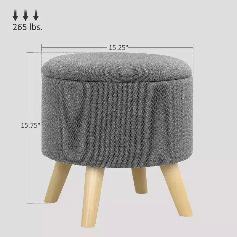 Pouf Ottomano Rotondo con Contenitore, Poggiapiedi Imbottito in Lino con Seduta Imbottita, Spazio Nascosto e Gambe in Legno