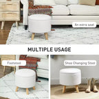 Pouf Ottomano Rotondo con Contenitore, Poggiapiedi Imbottito in Lino con Seduta Imbottita, Spazio Nascosto e Gambe in Legno